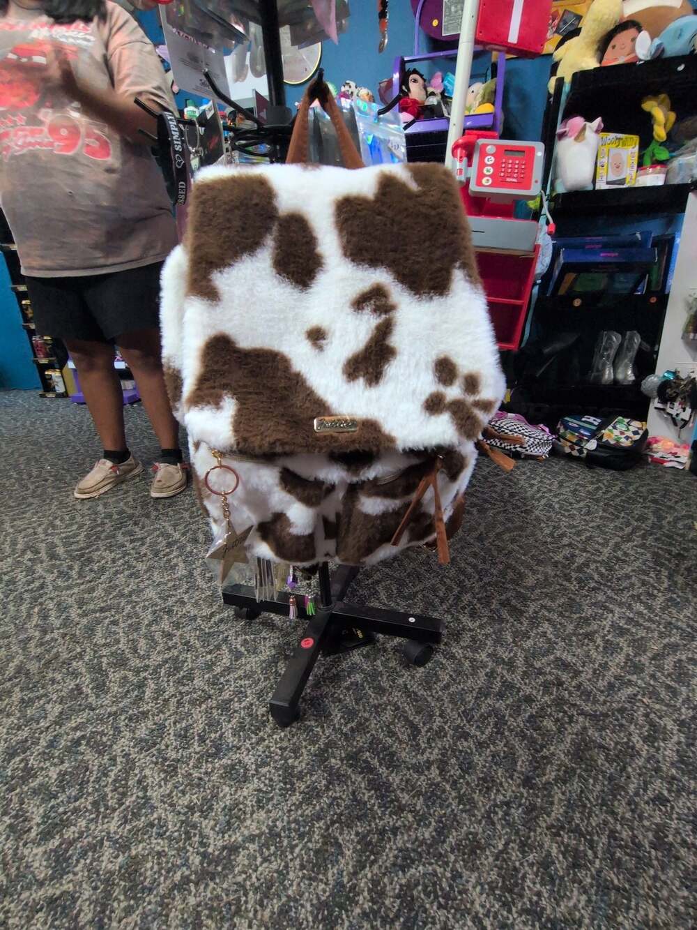 Justice Brown and White Cow Print Faux Fur Backpack